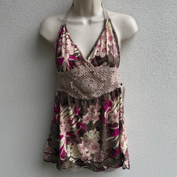 Free People Kitschy Floral Print & Crochet Halter Large - Picture 1 of 10
